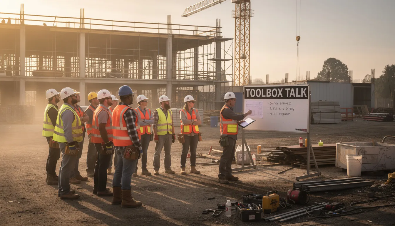 A construction crew is gathered on a job site for a morning toolbox talk meeting, discussing safe lifting techniques to avoid back and shoulder injuries while lifting heavy objects. The workers are standing with their feet shoulder width apart, emphasizing the importance of proper lifting techniques to minimize the risk of injuries involving missed workdays.