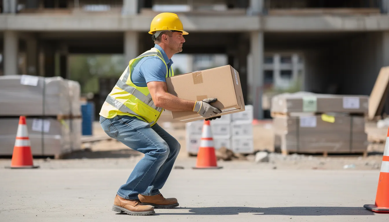 A construction worker is demonstrating proper squat lifting techniques with feet shoulder width apart and a neutral spine, ensuring the load is close to their body. This technique emphasizes the importance of safe lifting to prevent back and shoulder injuries while effectively engaging leg muscles.