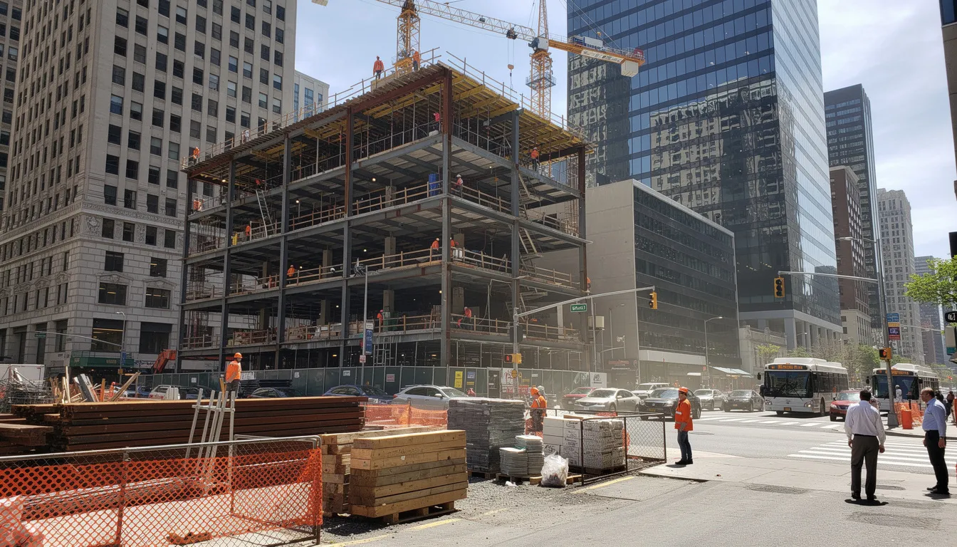 A modern commercial building is under construction in a bustling urban downtown area, showcasing innovative high-quality construction techniques. The site reflects the commitment to safety and excellence associated with top performing contractors and general contractors in the construction industry.