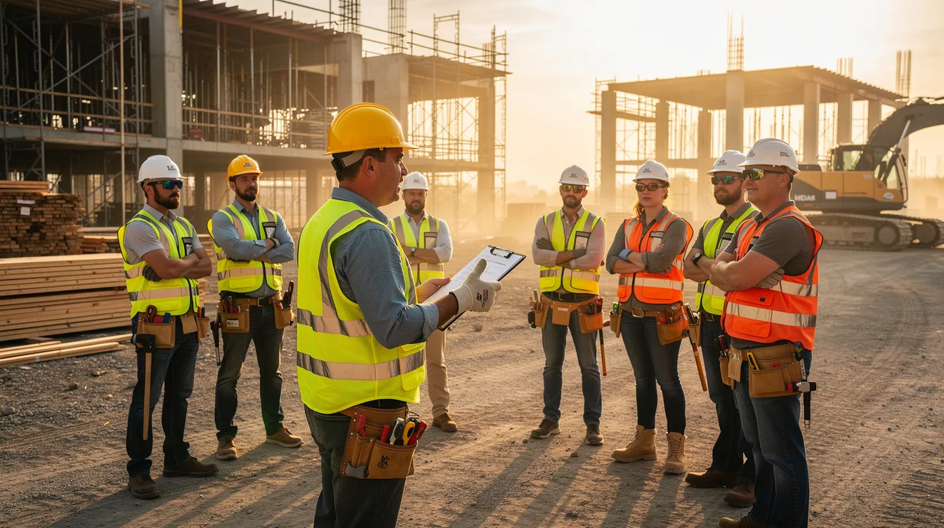 A foreman is leading a toolbox talk on a construction site, with crew members gathered attentively around him. The discussion focuses on mental health awareness and resources, emphasizing the importance of addressing mental health concerns within the construction industry to promote a supportive work environment and improve overall well-being.