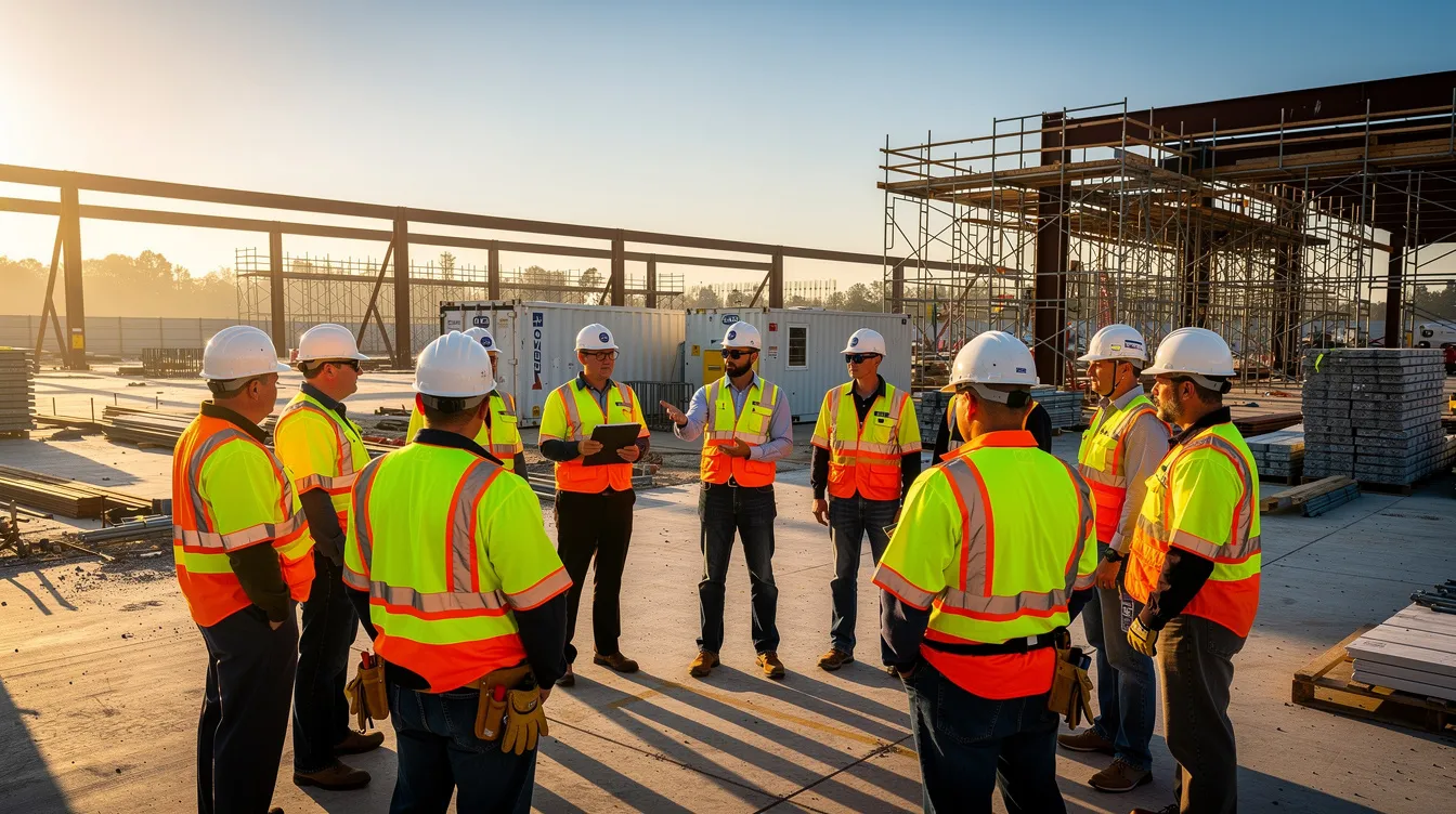 A group of construction workers in bright safety vests are gathered for a morning safety meeting at a commercial job site, discussing important topics related to workplace safety and mental health awareness. This meeting highlights the significance of addressing mental health challenges in the construction industry, promoting a supportive work environment for employee well-being.