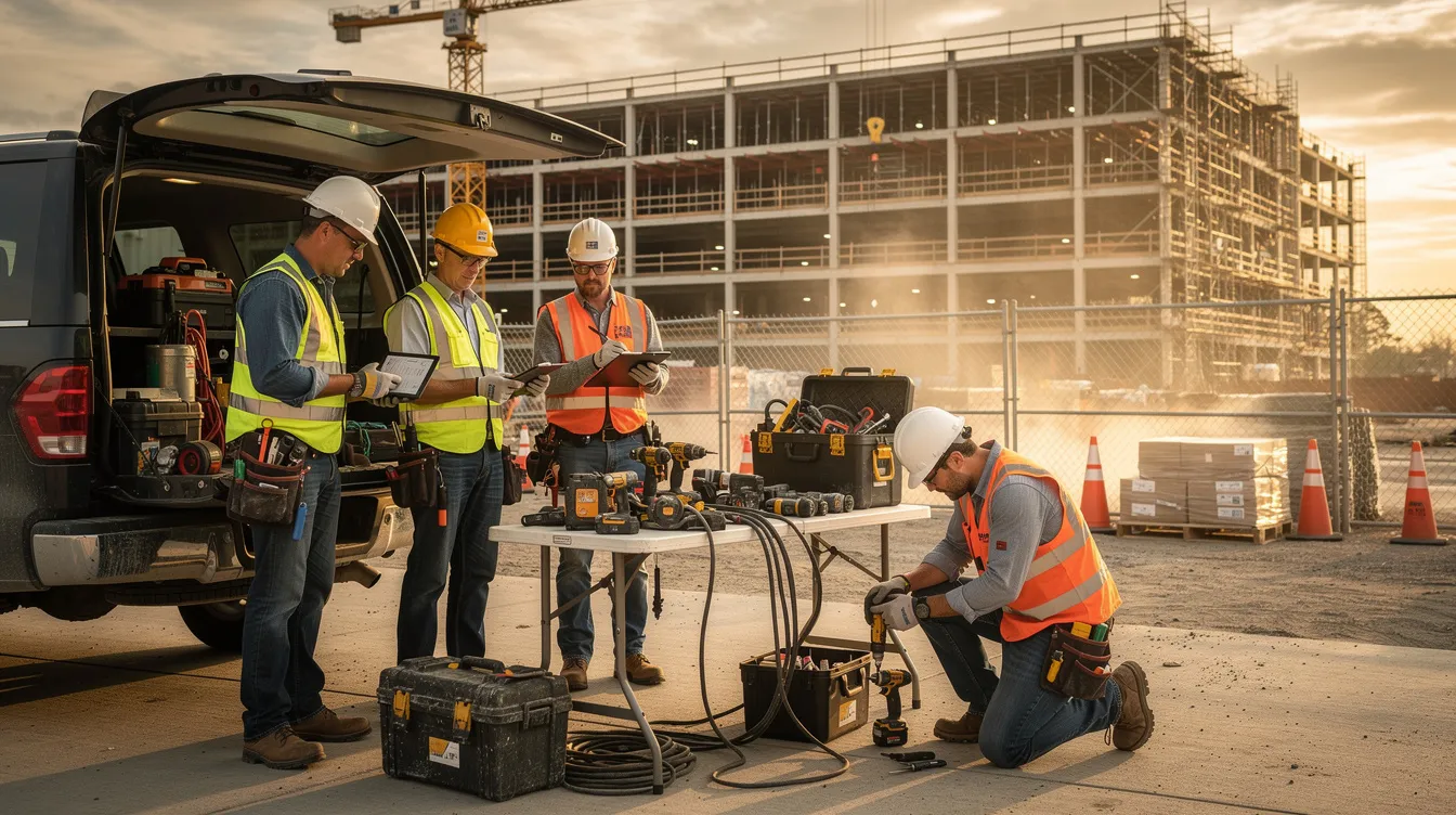 A group of construction professionals is gathered at a commercial job site, preparing their tools and equipment for the day's work. This scene highlights the importance of training and professional development in the workforce, emphasizing the skills and resources needed for successful employment in the construction industry.