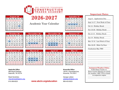 2026-2027 Academic Year Calendar