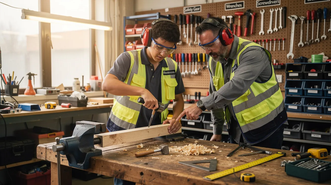 A skilled trades trainee is focused on using hand tools during a supervised instruction session, highlighting the hands-on training provided by workforce academy programs. This educational setting aims to develop current skills and prepare participants for future employment in various trades.