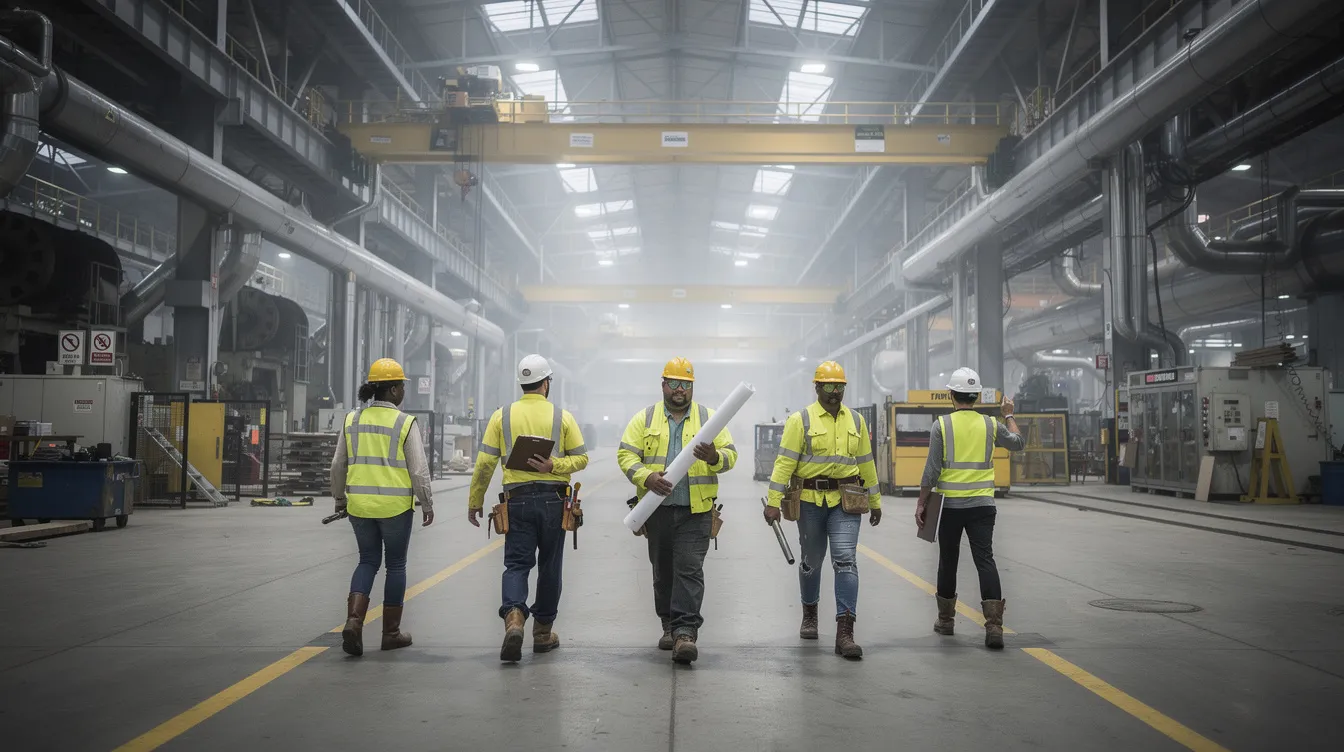 A construction crew is seen walking through a large industrial facility, showcasing the importance of skilled employees in America's workforce. This scene highlights the need for professional development and training programs that support individuals in overcoming challenges and preparing for future employment opportunities.
