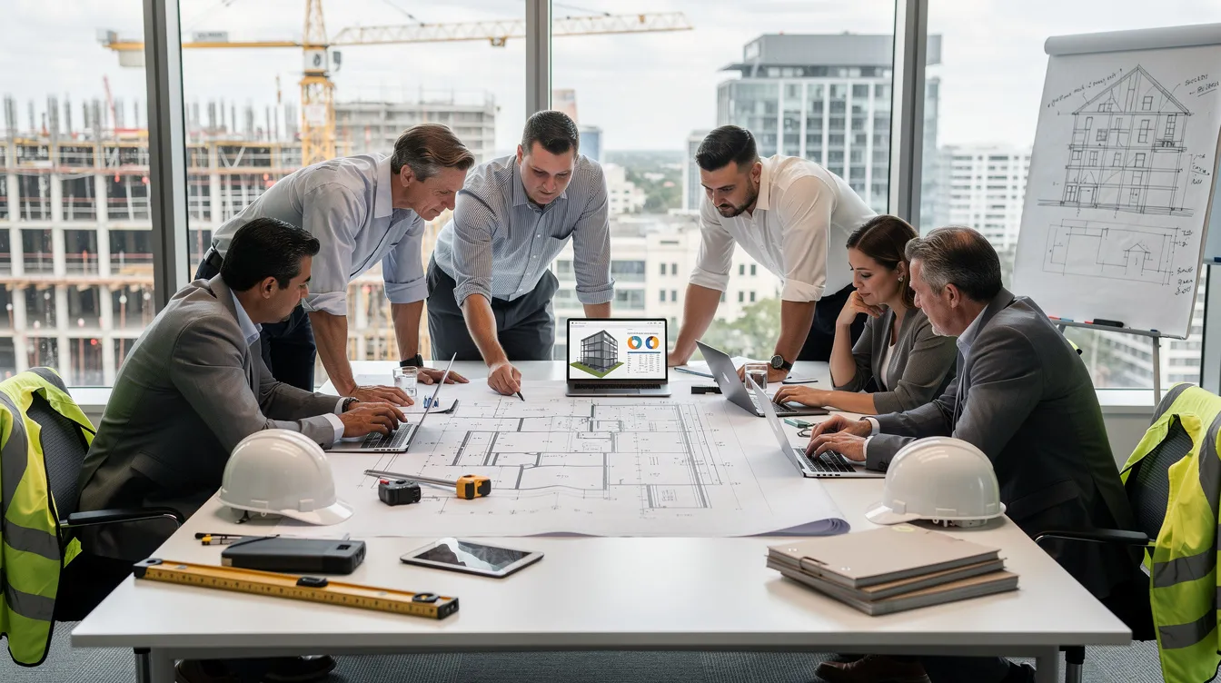 A diverse team of construction professionals, including project managers and construction workers, collaborates around a table, reviewing project plans and analyzing data on laptops. They utilize modern construction technology and digital tools to enhance project planning and optimize resource allocation for their construction projects.